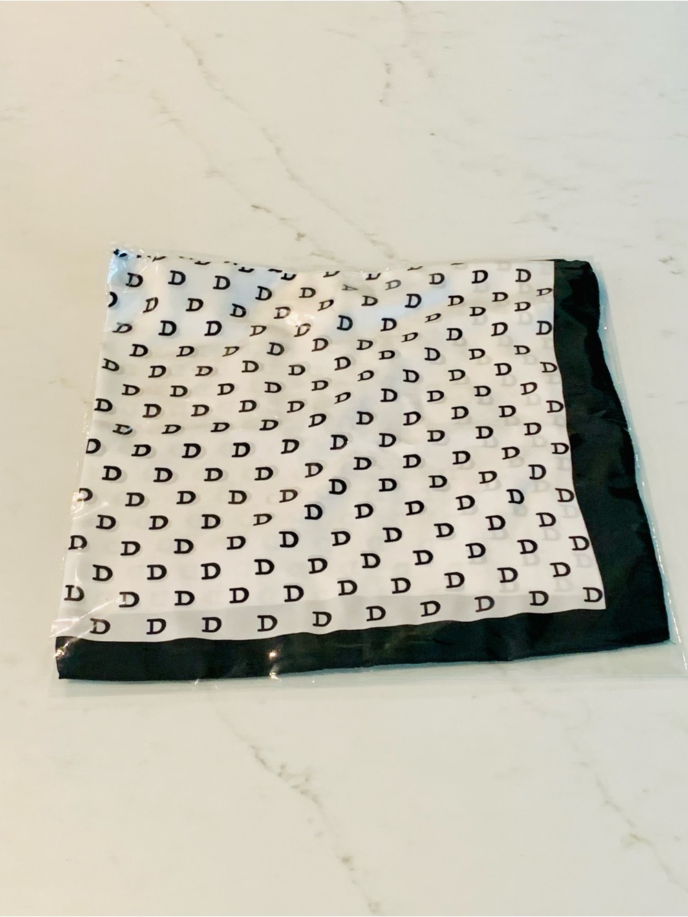 Women’s White & Black Geometric Print Square Scarf with Black Border